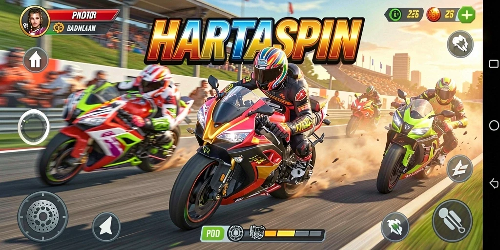 Gameplay HARTASPIN yang seru dengan balapan motor yang intens.