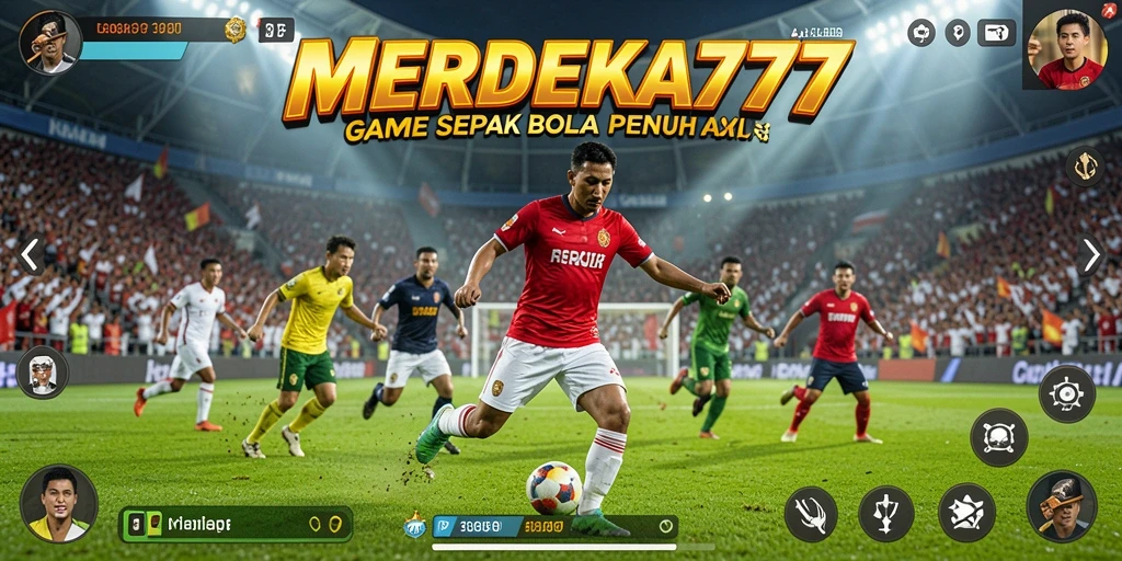 Tampilan gameplay mendebarkan pada MERDEKA777 yang menampilkan aksi sepak bola.