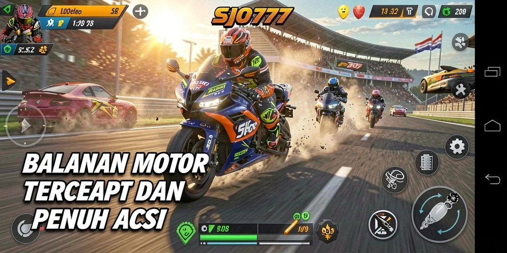 Tampilan gameplay SJO777 dengan balapan motor yang intens.
