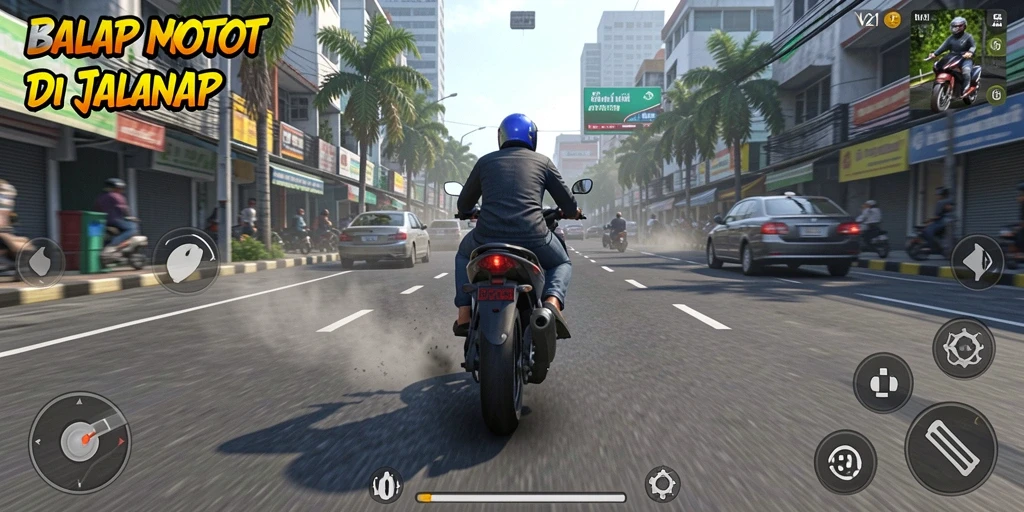 Gameplay V21 yang mendebarkan dengan berbagai trek balap motor.